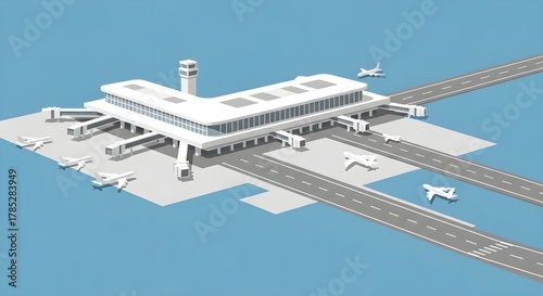 Modern airport terminal with airplanes on tarmac and runways, minimalist isometric style