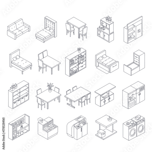 isometric furniture illustration living room dining room bedroom  kitchen set furnishing interior spaces for architectural designs  layouts.
