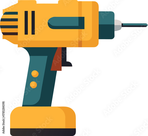 Illustration of a yellow and teal cordless power drill with a bit, facing right, on a white background. The tool conveys utility and craftsmanship.