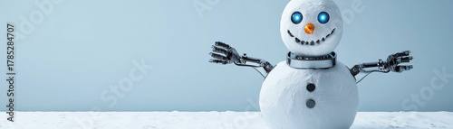 Christmas snowman with robotic arms and glowing blue eyes stands on snowy ground, blending festive joy with futuristic technology