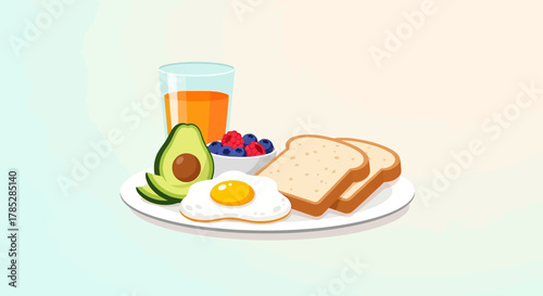 A nutritious and delicious breakfast plate featuring a fried egg, avocado, toast, fresh berries, and a glass of orange juice