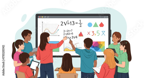 Teacher and diverse students in a collaborative digital classroom using an interactive whiteboard for a math lesson