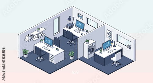 Isometric illustration of a modern office interior with two separate workspaces, computers, and professional furniture