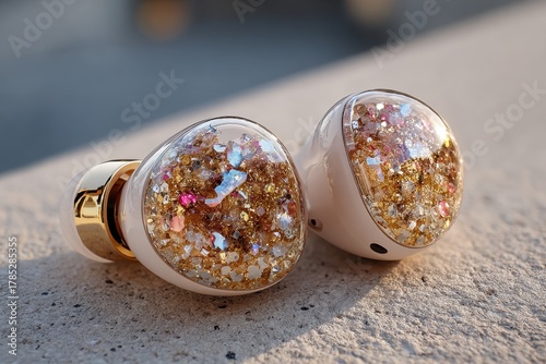 Sparkling Gold Glitter Earbuds on a Stone Surface with Soft Lighting