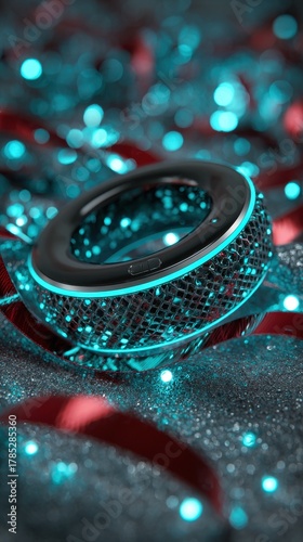 Sparkling Blue Light and Red Ribbon Festive Background with Object