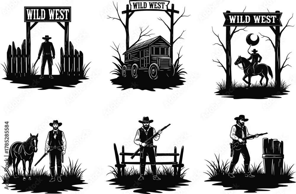 Fototapeta premium Wild West cowboy vector illustration set with gunslinger, horse, wagon, sheriff, and western landscape for vintage design, retro poster, and western art