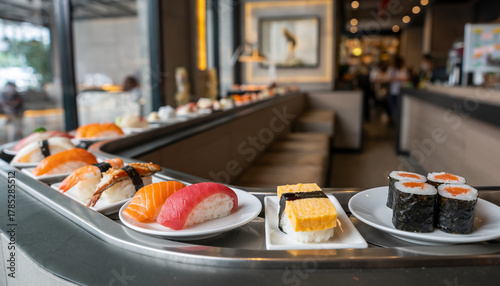 conveyor belt sushi in Japanese restaurant