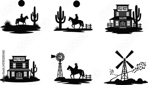 Wild West cowboy silhouette vector, desert landscape with cactus and horses, vintage western saloon, windmill farm, Texas cowboy scene illustration