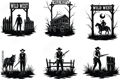 Wild West cowboy vector illustration set with gunslinger, horse, wagon, sheriff, and western landscape for vintage design, retro poster, and western art