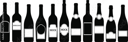 Wine bottle collection vector illustration, different shapes and labels of wine bottles, beverage packaging design, winery, alcohol drink, bar and restaurant concept