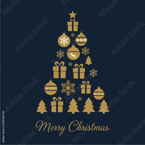 Stylized Christmas tree made of golden gifts, baubles, and snowflakes with Merry Christmas text.