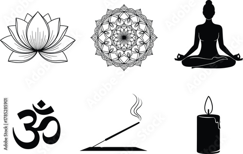 Yoga meditation icons set, lotus flower, mandala art, Om symbol, incense stick, candle, mindfulness, relaxation, spirituality, zen wellness vector illustration