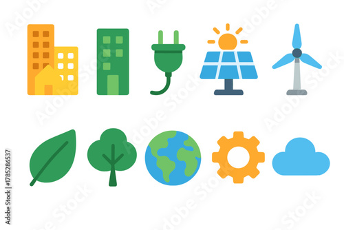 Eco-friendly flat icon set. Renewable energy and sustainability symbols collection