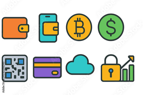 Cryptocurrency, finance flat icon set. Digital currency and money icons collection