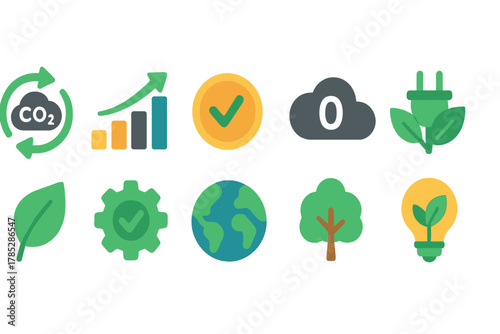 Eco-friendly flat icon set for sustainability. Green energy, environment, nature icons