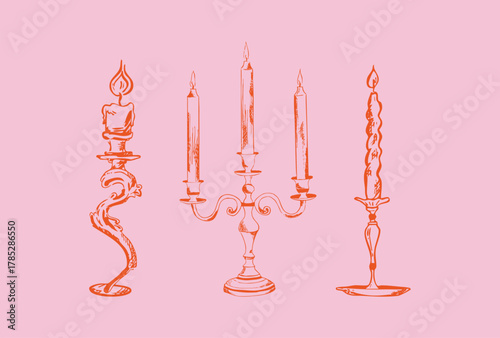 Hand drawn candle illustration. Vintage candle sketch. Candle clip art. Candle doodle. Line art, ink, minimalist style. Candles burning. Ink sketch set isolated. Retro style.