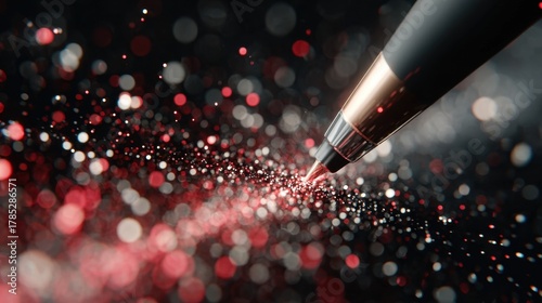 Vibrant Red and Black Glitter Background with Pen Dripping Ink