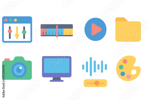 Multimedia, entertainment flat icon set. Music, video, design icons flat collection