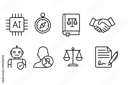 Business and ai line icon set. Technology, law, and education linear icons collection