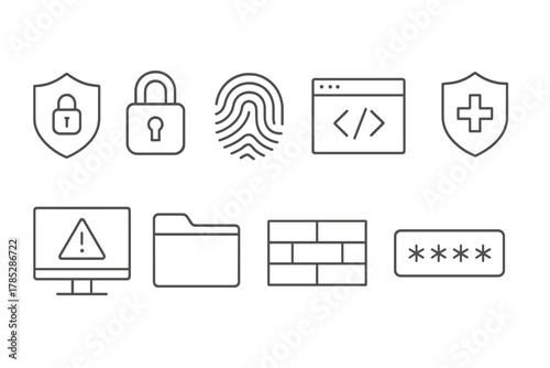 Security and protection outline icon set. Lock, shield, firewall outline collection