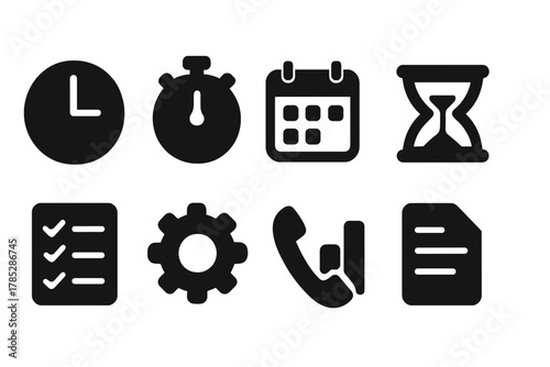 Time management solid icon set. Clock, calendar, checklist, communication icons.
