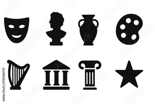 Art and culture solid icon set. Theater, museum, history icons collection