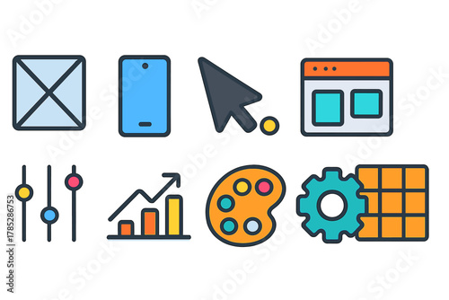 Technology and business flat icon set. Tech, business tools icons collection