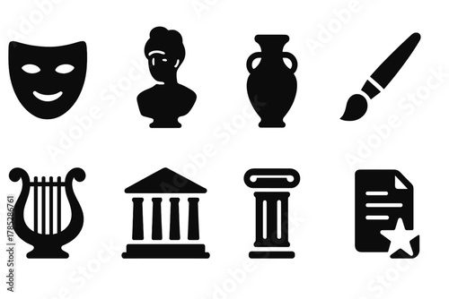 Art and culture solid icon set. Masks, sculptures, and music symbols collection