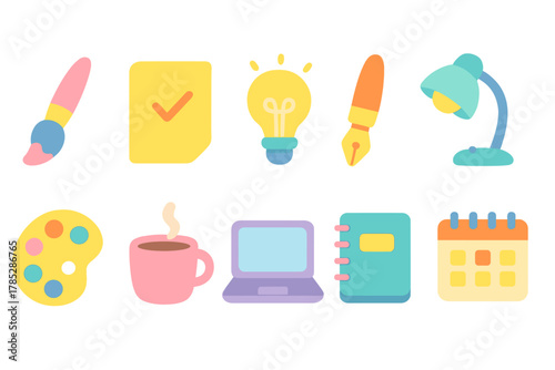 Creative, office flat icon set. Art tools, productivity icons collection
