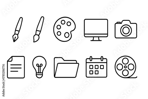 Creative tools outline icon set. Art, media, design essentials linear collection