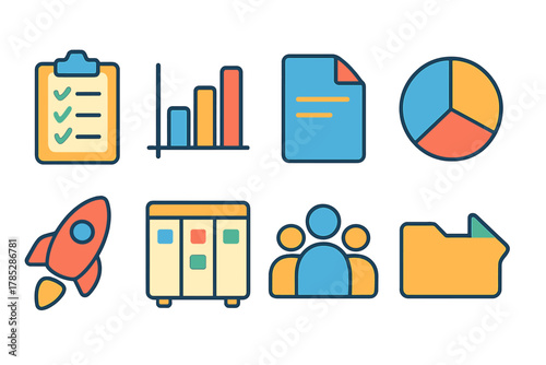 Business and office icon set in flat style. Charts, documents, and organization icons