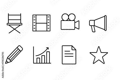 Film and media outline icon set. Movie, filming, video equipment icons.