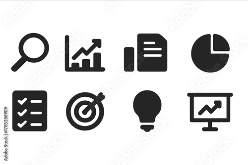 Business and finance solid icon set. Charts, graphs and planning icons collection.