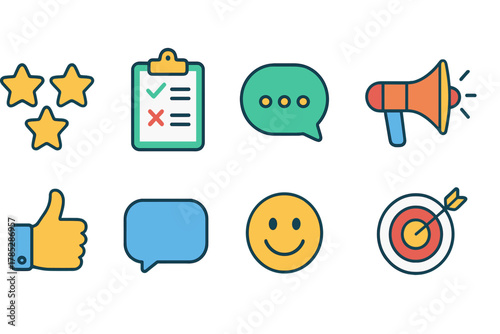 Feedback and communication flat icon set. Ratings, messages, and approval graphics.