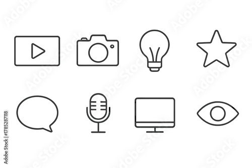 Multimedia, technology outline icon set. Audio, video, communication symbols collection