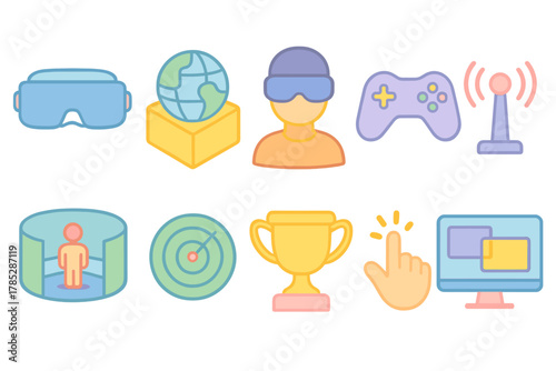 Virtual reality gaming flat icon set for immersive tech and entertainment projects