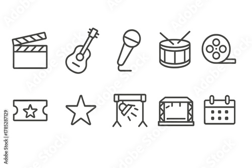 Entertainment and event line icon set. Film, music, and concert icons collection.
