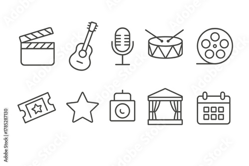 Entertainment and music line icon set. Theater, concert, and event icons.