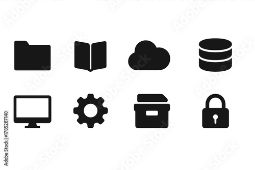 Technology essentials solid icon set. Digital tools, devices, cloud, security icons
