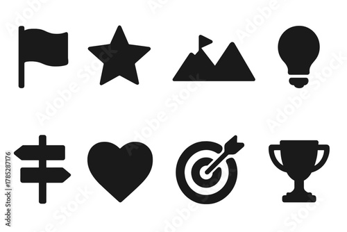 Minimalist solid icon set featuring travel, direction, and achievement symbols
