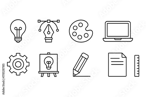 Business and office linear icon set. Essential workplace tools and gadgets outline collection.