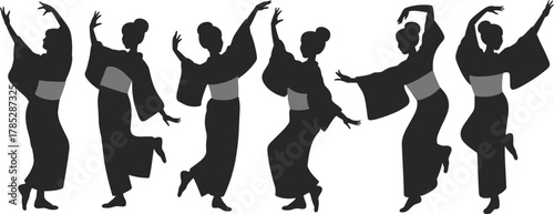 Traditional Japanese women dancing silhouette vector illustration, cultural performance art, kimono dance pose collection, Asian heritage concept, elegant motion artwork, festival celebration design