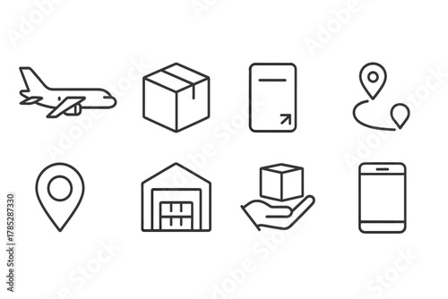 Delivery and logistics outline icon set. Shipping, tracking, package handling symbols