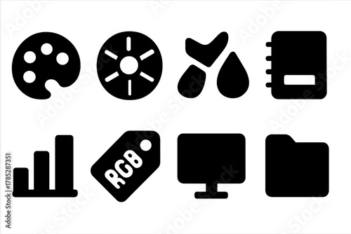 Graphic design solid icon set. Designer tools, palette, rgb, monitor icon collection
