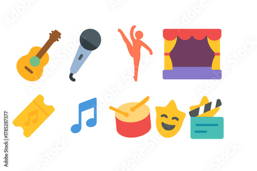 Performing arts icon set. Music, dance, theater flat icons for creative projects.