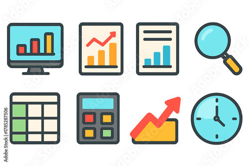 Finance and analytics flat icon set. Chart, data, and report icons for business