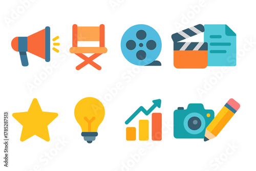 Multimedia, entertainment flat icon set. Movies, music, creative icons flat collection
