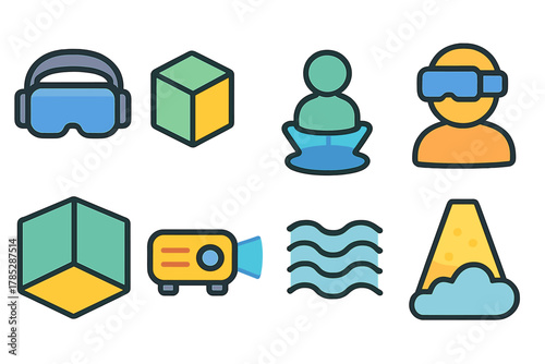 Virtual reality flat icon set. Vr, technology, immersion icons flat collection