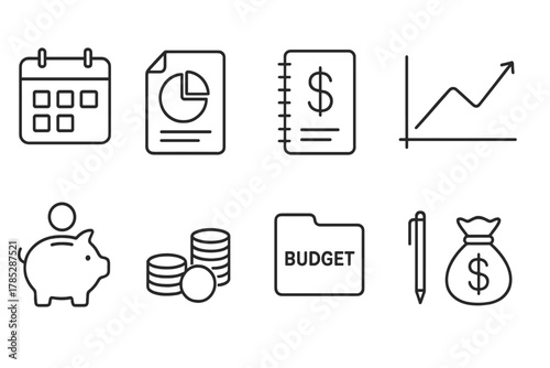 Finance and budget planning outline icon set. Money, savings, chart icons collection