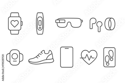 Fitness and wearable technology icon set. Flat wearables, gadgets, health icons collection.